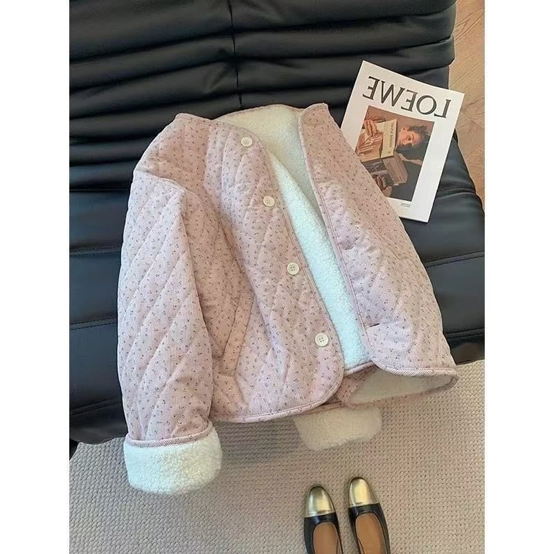 Veste Chic en velours côtelé à fleurs pour femmes, haut coréen en coton à manches longues et col rond, coupe ample, chaud et polyvalent, automne hiver