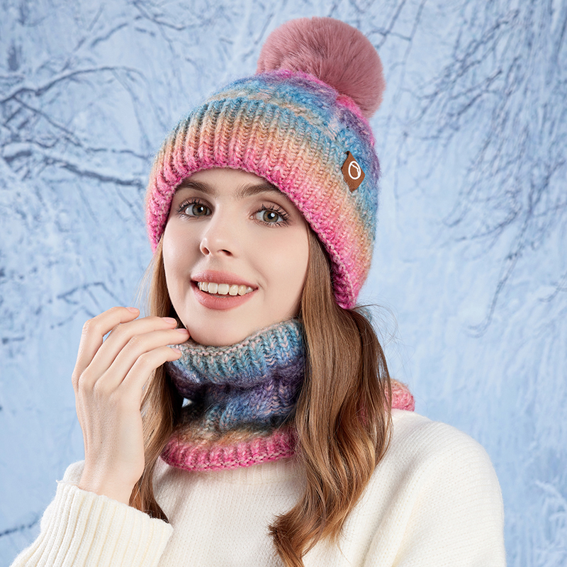 Chapeau tricoté de couleur dégradée pour femmes, ensemble écharpe, doublure polaire épaisse, Skullcap, cyclisme en plein air, Protection contre le vent, hiver