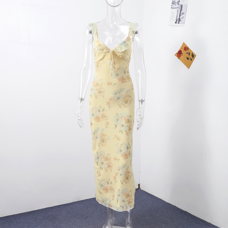 Robe longue élégante pour femme, imprimé floral, à volants, sans manches, dos nu, décolleté plongeant, à lacets, nouvelle collection été 2026, coupe ajustée