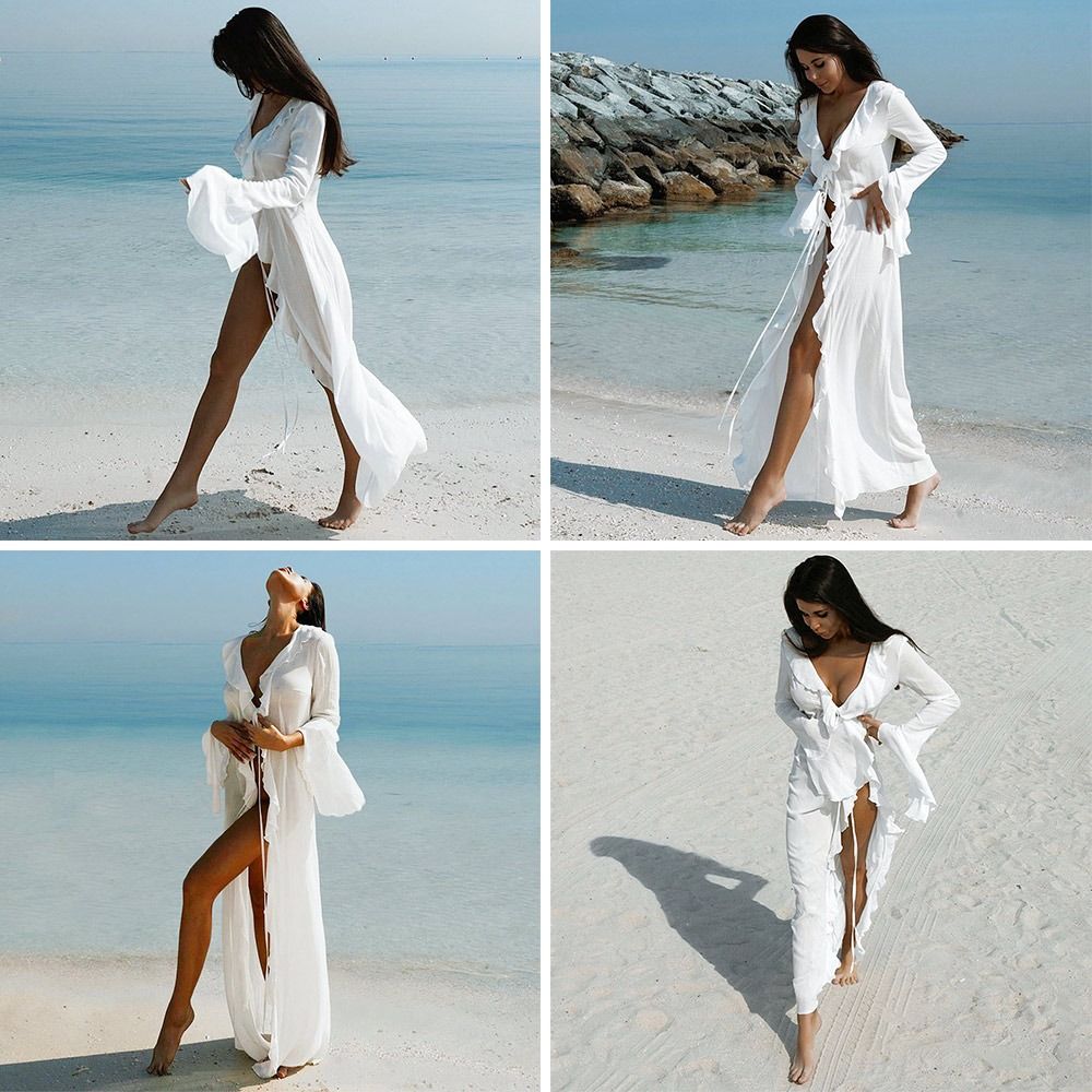 Robe de plage ample à col en V et manches longues à volants, protection solaire pour femme