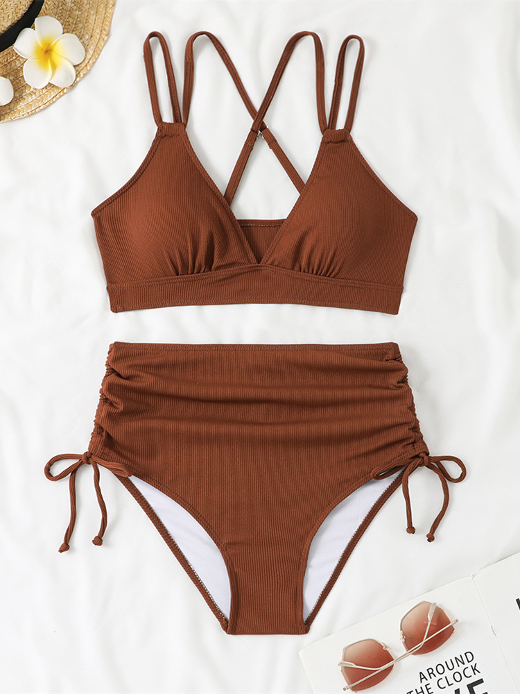 Maillot de bain deux pièces pour femme noir à double bretelle, push-up, plissé, avec cordon de serrage latéral, taille haute, bikini 2026, tenue de plage