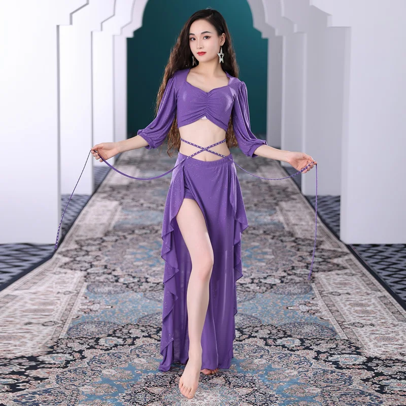 Haut en maille à manches courtes imbibé de danse du ventre pour femmes, jupe fendue, ensemble de vêtements d'entraînement, vêtements de performance élégants, été