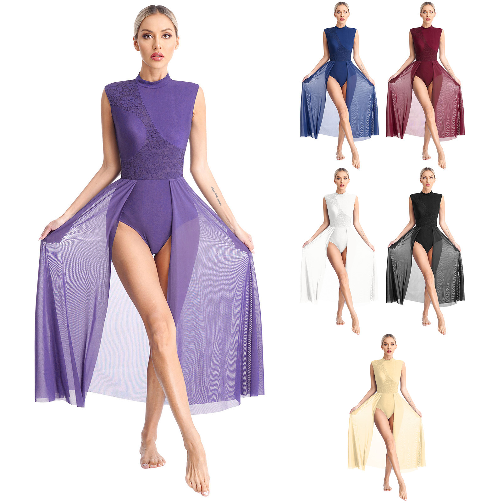 Robe de spectacle de danse lyrique moderne pour femmes, sans manches, justaucorps en dentelle, vêtements de danse pour Ballet, gymnastique, patinage artistique, acrobatie