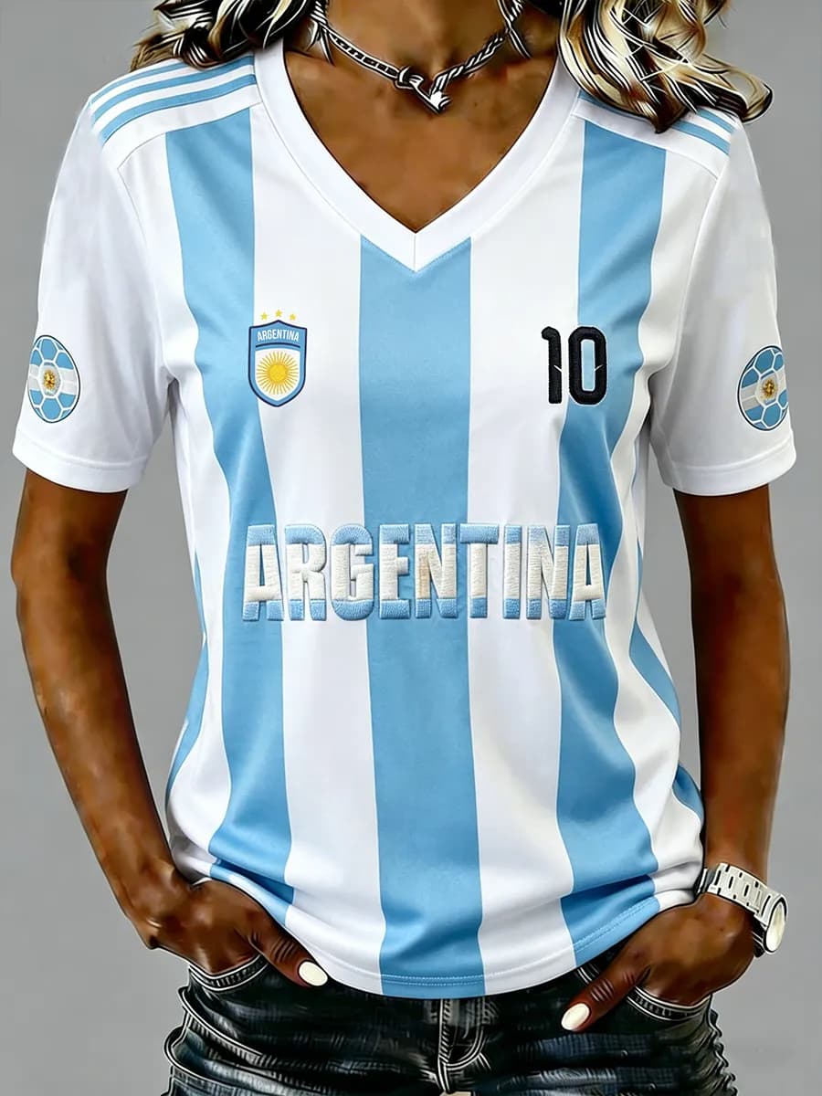 Maillot de football Argentine 2026 pour femme, manches courtes, imprimé national, T-shirt de football respirant et décontracté pour fans