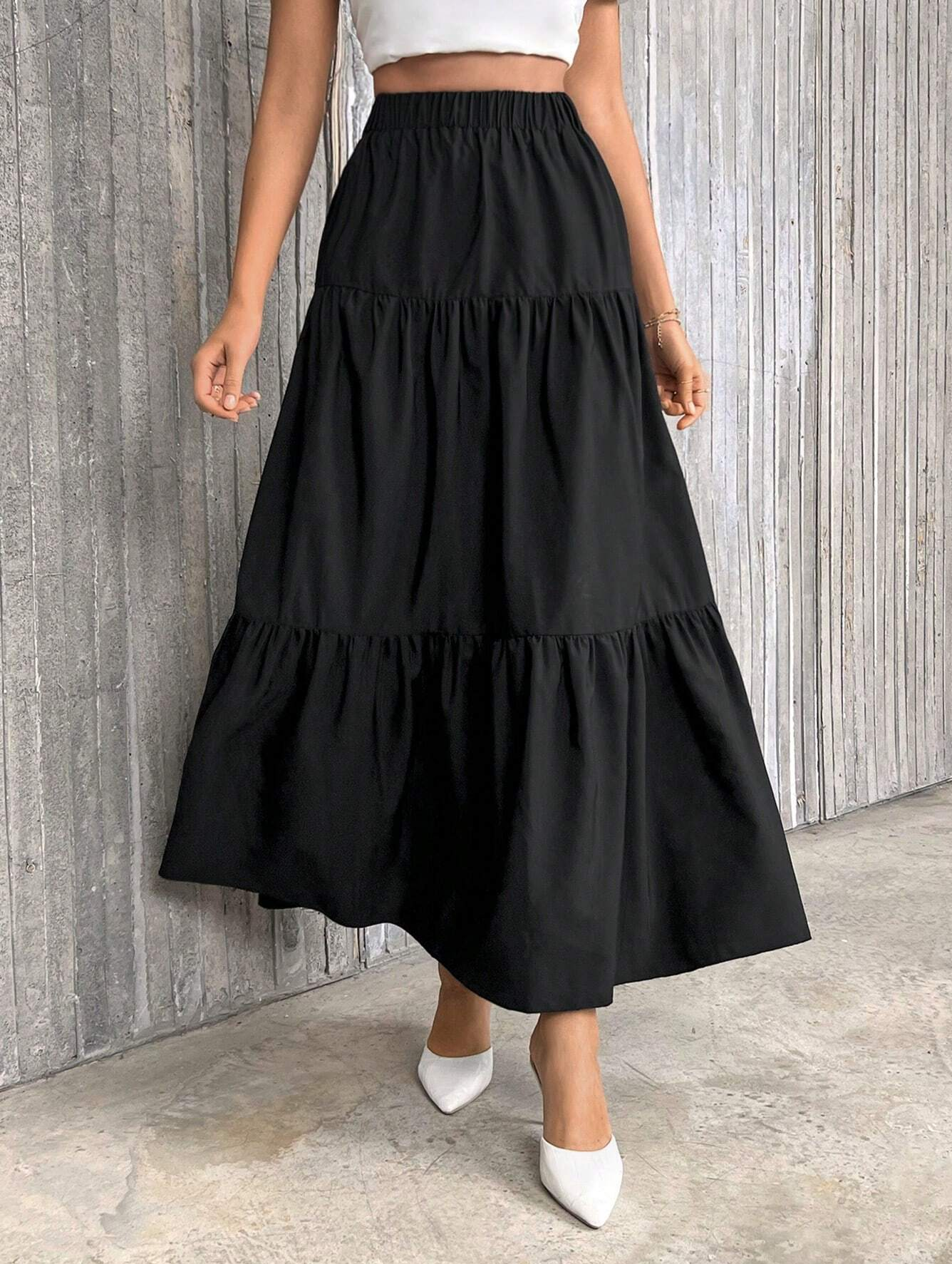 Jupe à ourlet à volants pour femmes, jupe trapèze taille haute de couleur unie, coupe ample décontractée et polyvalente pour les tenues quotidiennes, best-seller