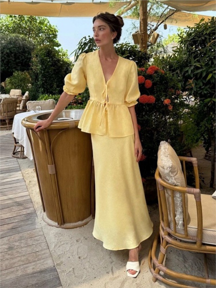Ensemble jupe femme taille haute jupe longue costume femme col en v manches bouffantes a-ligne jupe longue 2 pièces ensembles 2025 tenue de dame d'été