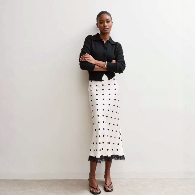 Jupe midi élégante en satin blanc à pois pour femme, avec patchwork de dentelle, taille haute, coupe ajustée, longue, collection été 2026, décontractée, pour le bureau et le streetwear