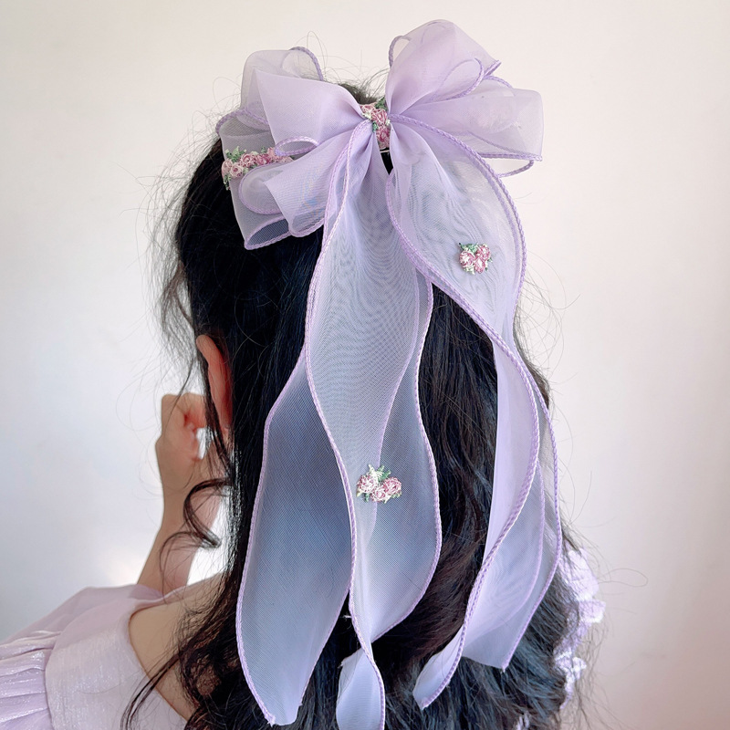 Épingle à cheveux tressée florale brodée pour femmes, nœud papillon en mousseline de soie, queue de cheval, Clip BB, couleur unie, accessoires pour cheveux de fille