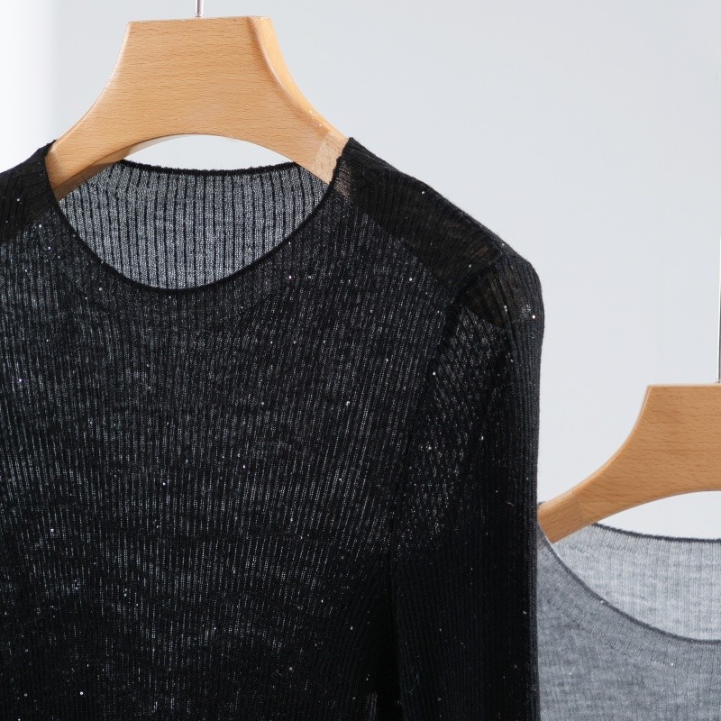 Pull à couche de base tricotée à col mi-haut et paillettes en laine mérinos 100 % super fine pour femme, pull fin ajusté, élégant et tendance pour les déplacements domicile-travail
