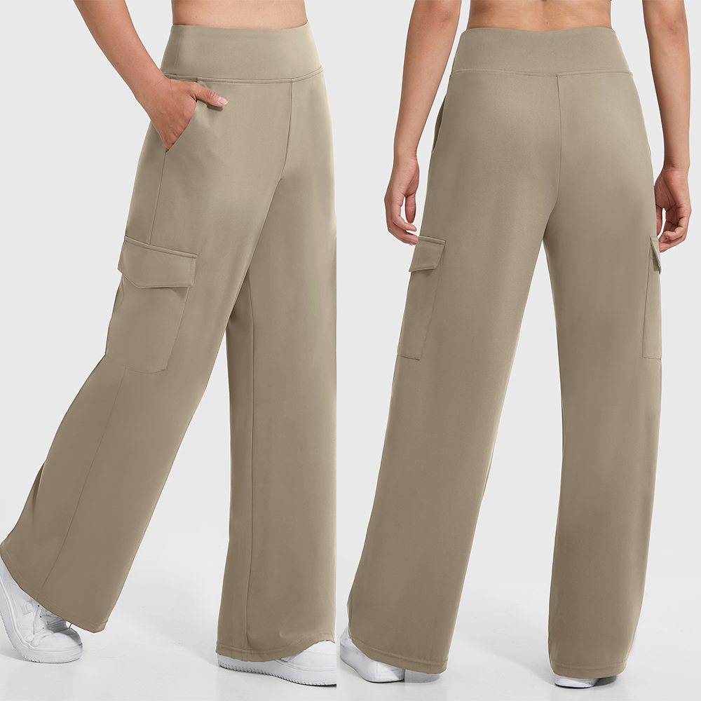 Pantalon cargo décontracté kaki pour femme, coupe droite ample, polyvalent, jambe large avec poches, style streetwear d'été