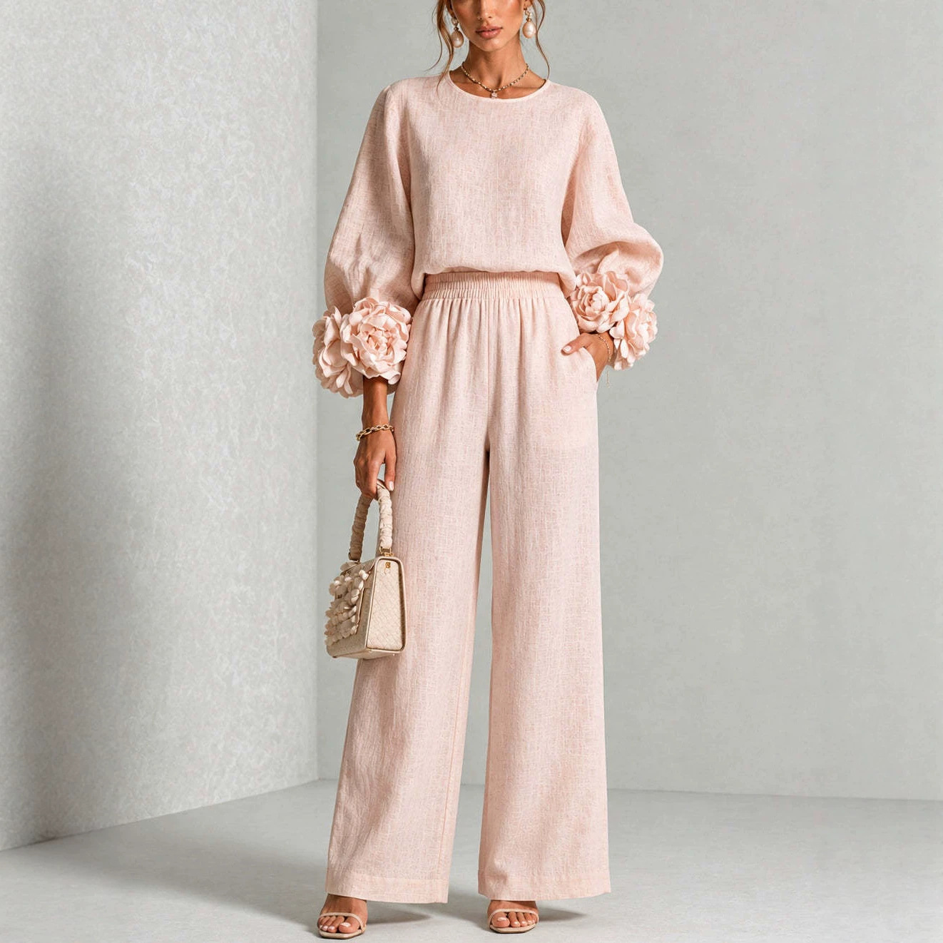 Ensemble 2 pièces pour femme : Haut à col rond et manches longues bouffantes, motif floral 3D + pantalon large à taille élastique – Tenue élégante et décontractée pour le bureau, collection automne