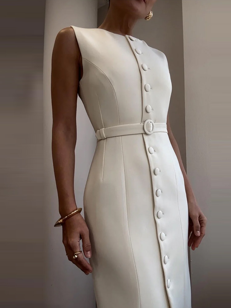 Costume sans manches à lacets robe mi-longue femmes élégant col rond simple boutonnage coupe ajustée Robes de soirée mode bureau dame Robes