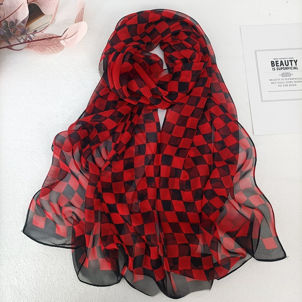 Écharpe en mousseline à carreaux 160x50 cm pour femme – Châle léger en georgette soyeuse, protection solaire et accessoire de mode, toutes saisons