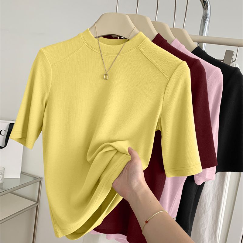 Haut à manches mi-longues pour femme, printemps-automne, col montant, coupe ajustée, nouveau t-shirt polyvalent, vêtement décontracté et tendance