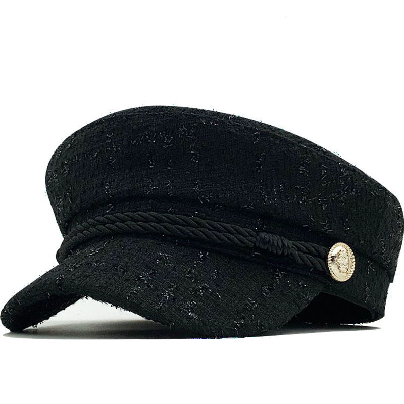 Casquette en laine pour femmes, chapeau plat, élégant, solide, chaîne en métal, chaud, streetwear décontracté, automne hiver