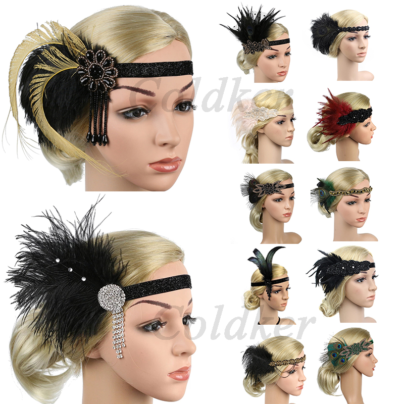 Serre-tête à plumes pour femme style Charleston des années 20, accessoires de cosplay, bandeau à strass et perles, coiffe vintage Gatsby pour fête