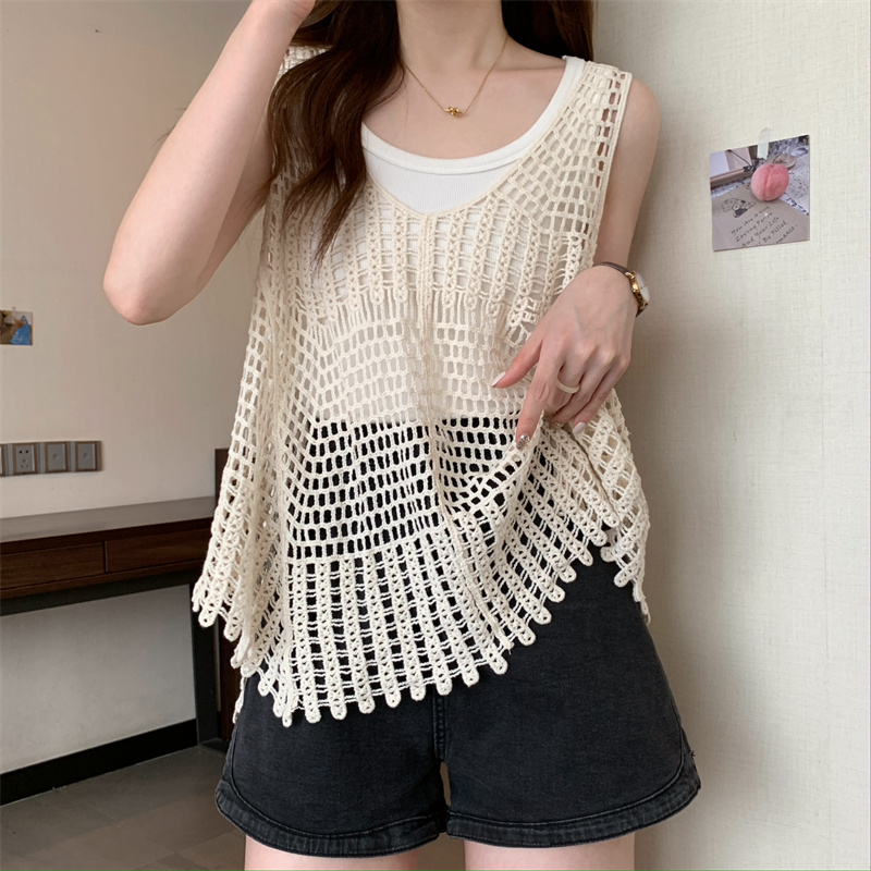 Top en crochet bohème ajouré en dentelle sans manches, débardeur tricoté pour femme, camisole d'été, cache-maillot de plage, tenue de villégiature