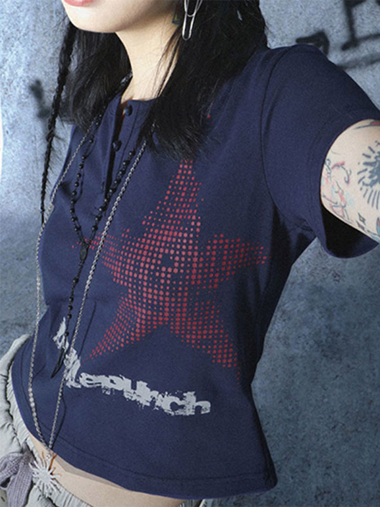 Haut court à manches courtes et col rond pour femmes, T-shirt graphique, Streetwear à motif d'étoiles, Style japonais, Y2K, Harajuku