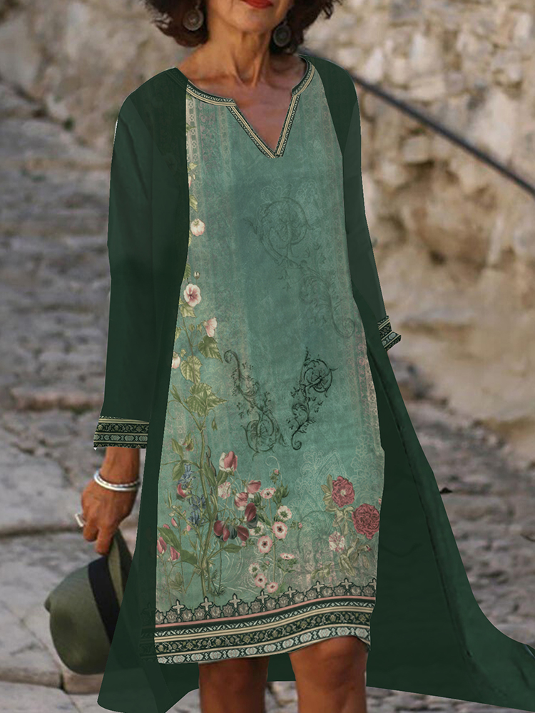 Robe maxi vintage à imprimé floral pour femme avec veste, robe midi fluide pour invité de mariage, grande taille, Boho, 2 pièces