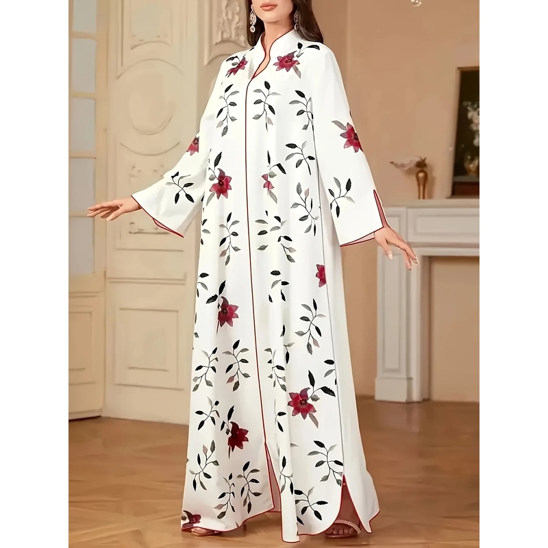Robe élégante à col en V et manches longues pour femme, imprimé musulman, coupe ample trapèze avec ourlet fendu, idéale pour le Ramadan et les occasions de l'Aïd