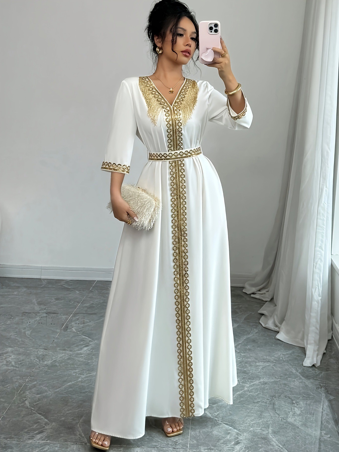 Robe Kaftan Abaya pour femme, vêtements de printemps pour femme, robe maxi élégante à col en V, manches trois quarts, polyester, coupe ample, fluide