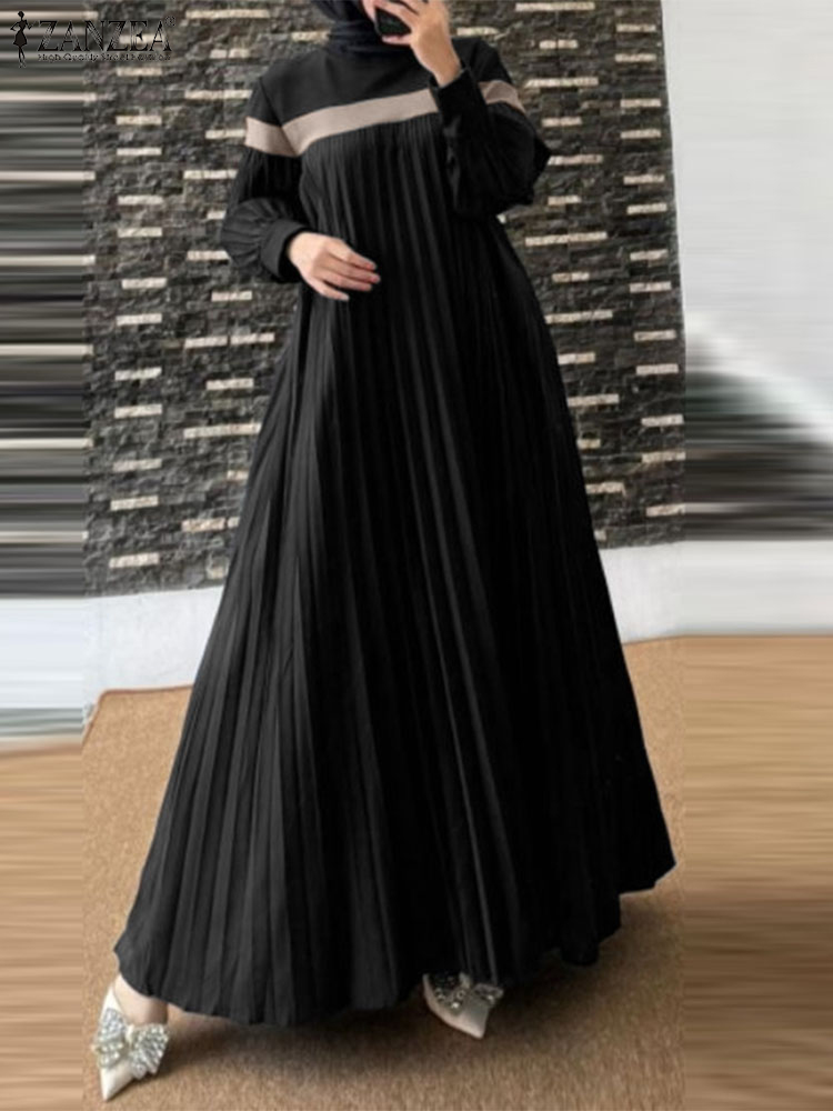 ZANZEA-Robe d'été à manches longues lanterne pour femmes musulmanes, Abaya de Turquie, Robe islamique de Dubaï, Patchwork élégant, Robe plissée éducative, Automne