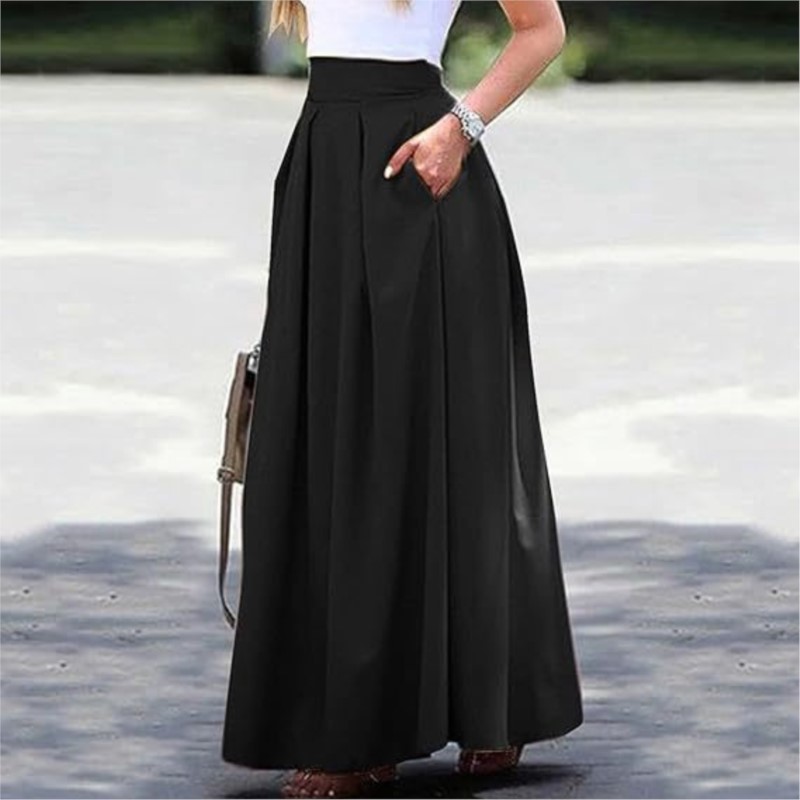 Jupes longues pour femmes printemps été taille haute couleur unie jupe longue femmes poche trajet a-ligne plissée mode jupe longue