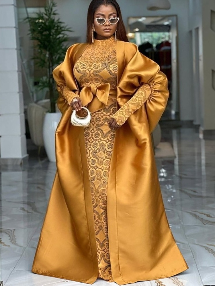 Ensemble deux pièces africain élégant en dentelle, moulante à l'intérieur, avec ceinture à nœud transparent, Kaftan Boubou, Robe brillante, pour occasions d'événements de mariage