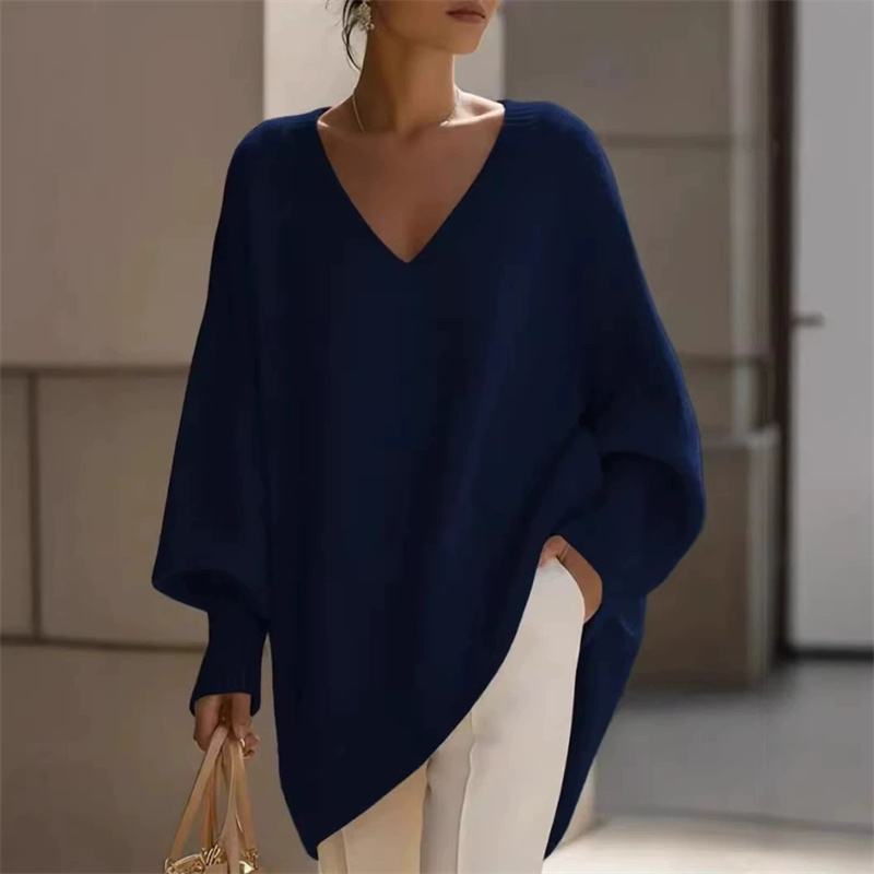Pull en maille pour femme à manches chauve-souris, couleur unie, col en V, pull basique doux en tricot
