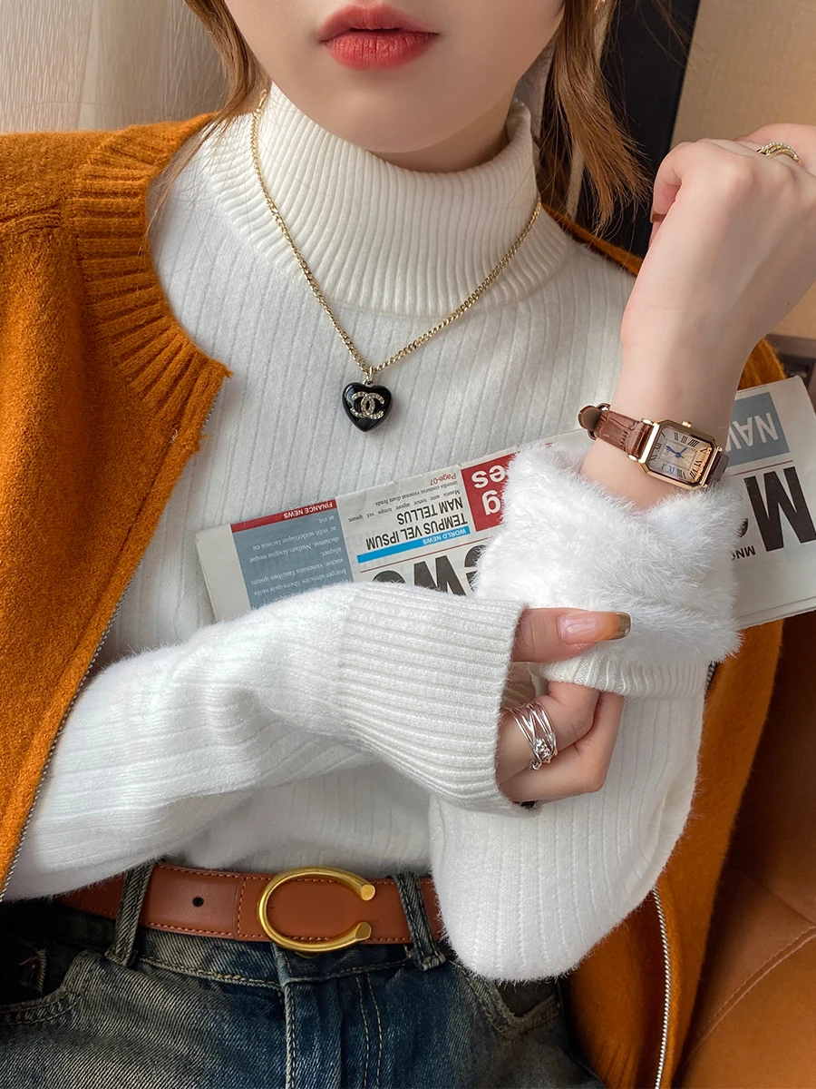Pull à col roulé pour femme, rétro rouge, avec doublure en velours, vêtements intérieurs épais, chemise à bascule en tricot thermique, hiver 2025