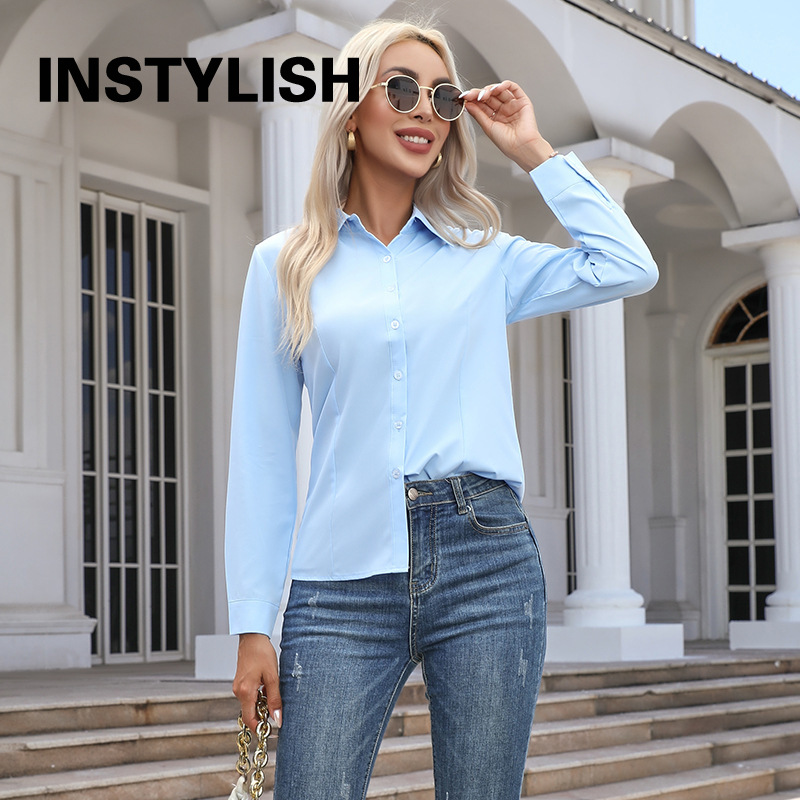 Chemise élégante pour femmes, chemisier en mousseline de soie à boutons, printemps été, décontracté, uni, manches longues, col rabattu, tuniques, chemisier OL, hauts