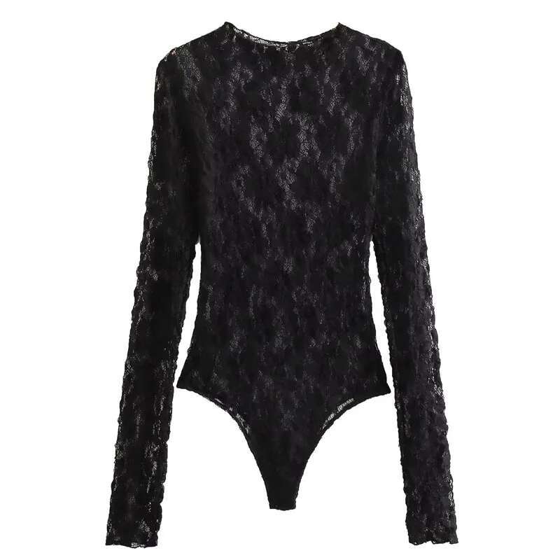 Body en dentelle pour femmes, noir, découpé, col rond, manches longues, haute Spandex, Lingerie Sexy pour femmes fines, L5QW