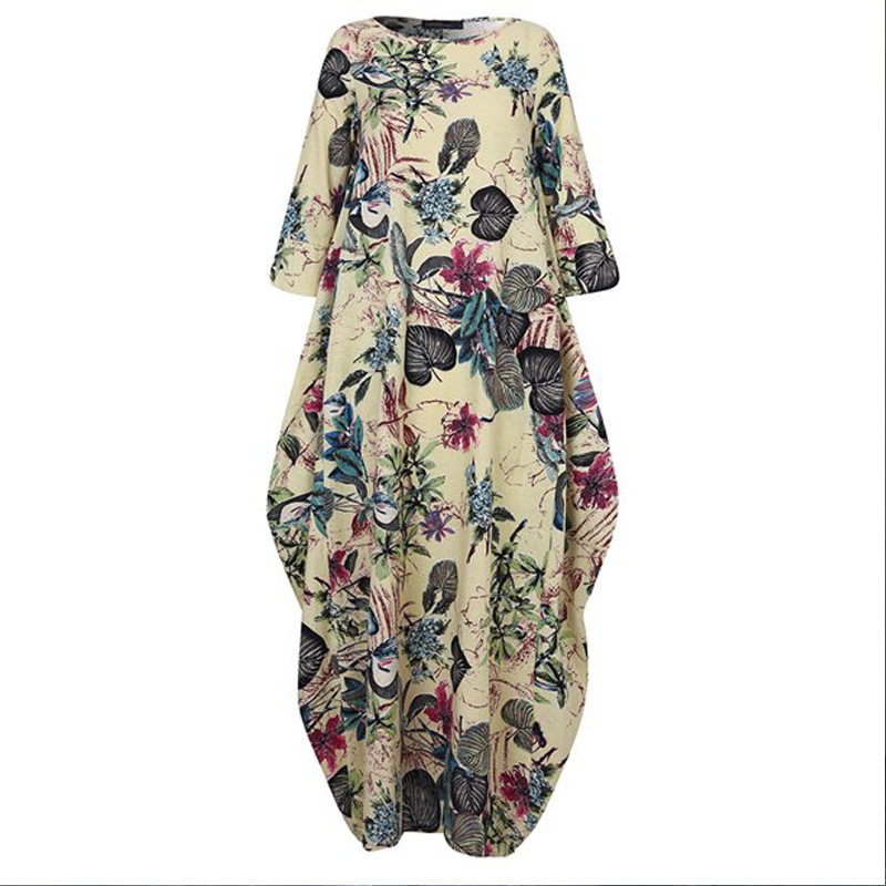 Robe florale élégante en coton et lin pour femmes, tenue de soirée à manches courtes, décontractée, vacances, style Boho, imprimée, été