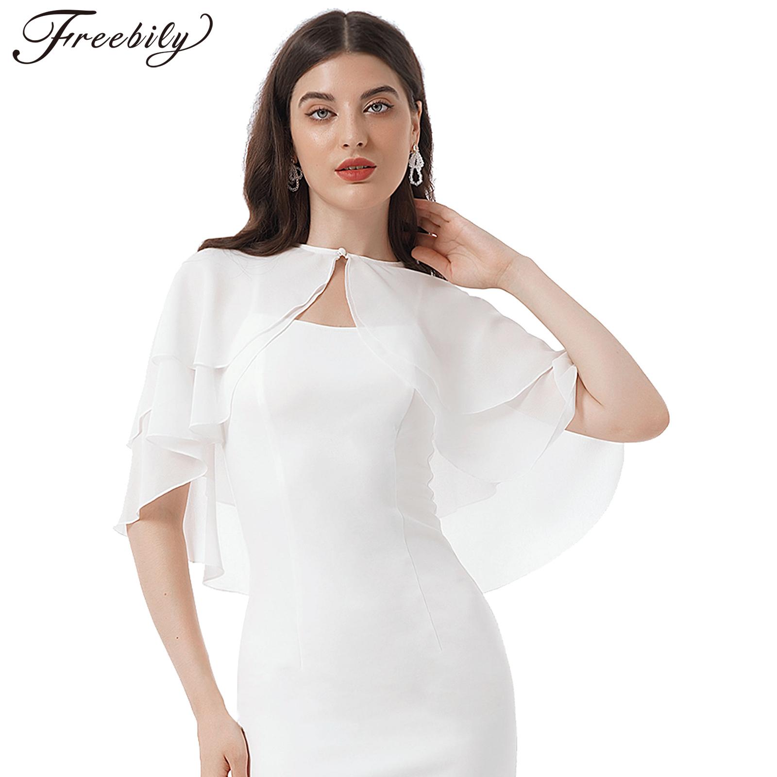 Femmes élégantes en mousseline de soie châle Cape solide à volants 2 couches en mousseline de soie enveloppes boléro robe de soirée accessoire pour la soirée d'anniversaire de mariage