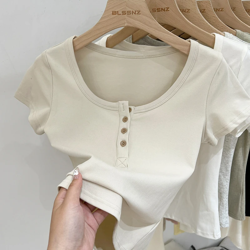 Femmes T-Shirt bouton T-Shirt femme vêtements hauts coton mince T-Shirt femme à manches courtes haut été T-Shirt Sexy Canale Y2k