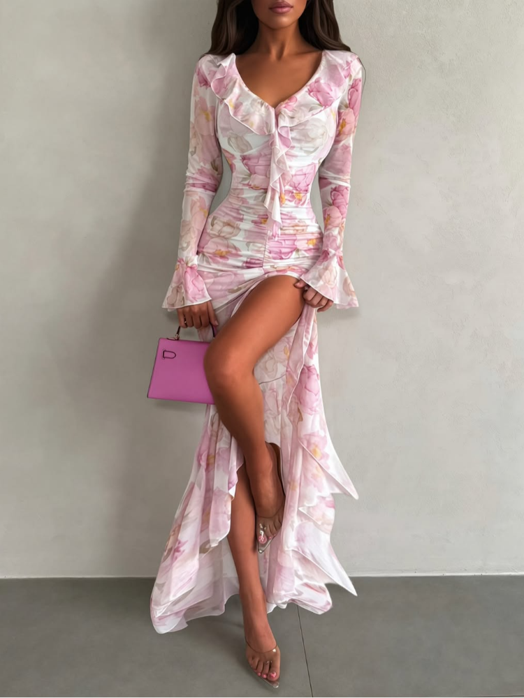 Robe longue chic rose à imprimé floral pour femme, élégante, col en V, volants, manches évasées, froncée, en mousseline, tenue de soirée 2026