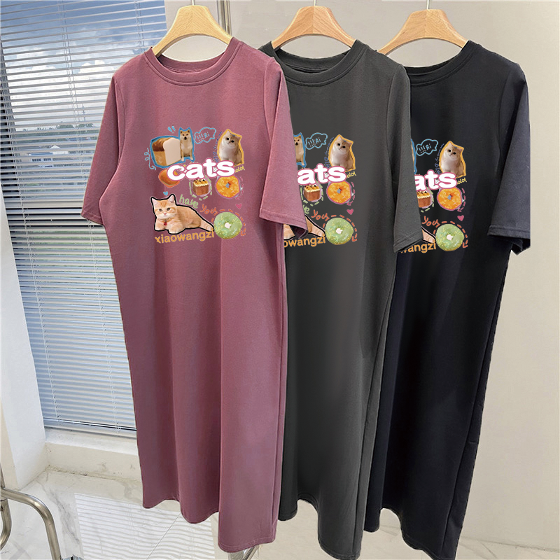 Robe longue décontractée d'été pour femmes, imprimé chats, style coréen, ample, à manches courtes, avec fentes latérales