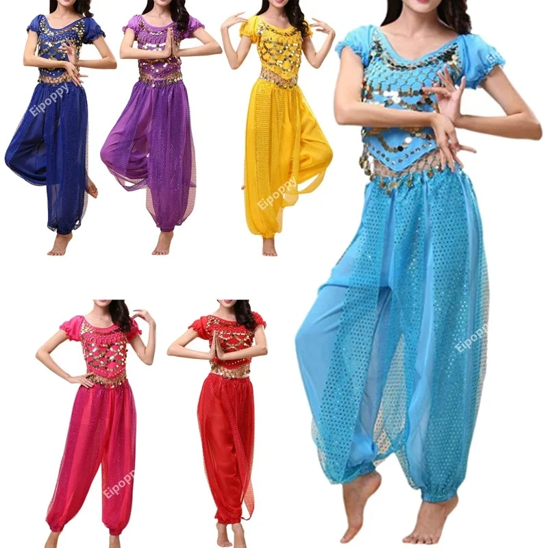Ensemble de costumes de danse du ventre pour femmes, hauts à paillettes avec sarouel, haut court, pantalon sarouel, tenue de danse arabe d'halloween