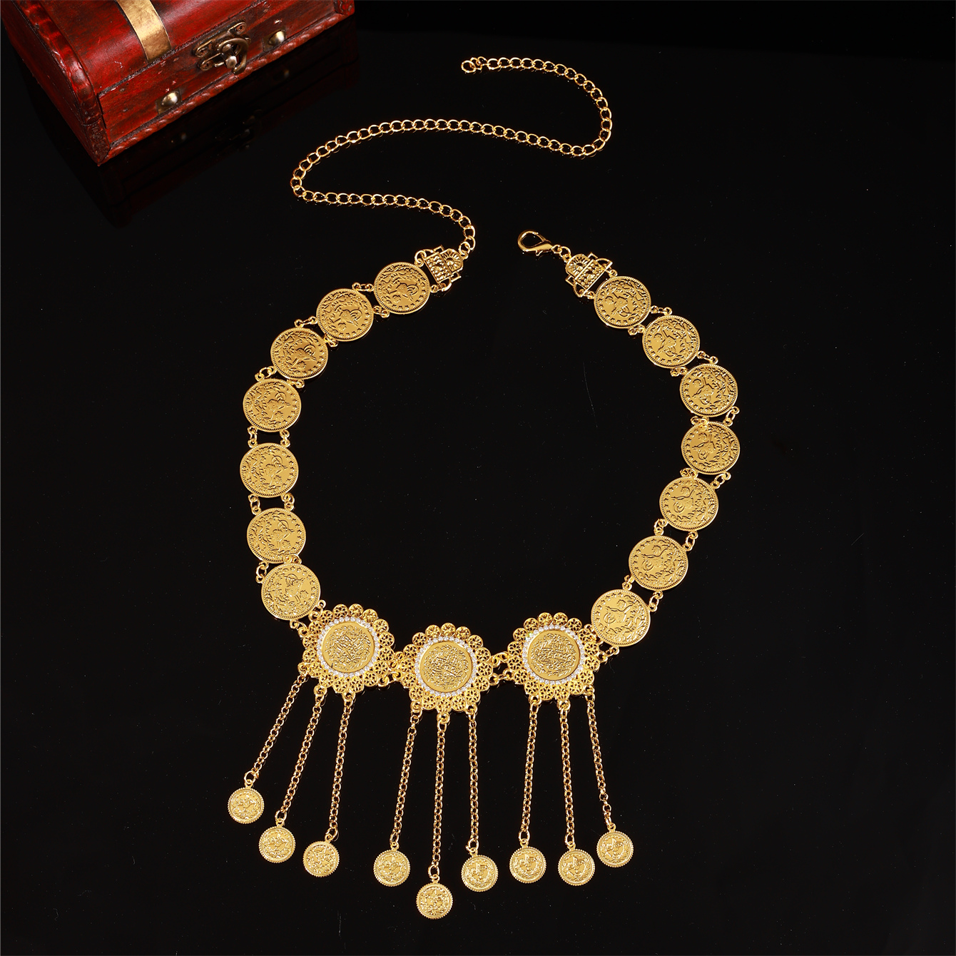 1 pièce de ceinture pour femme arabe, conception de pièce de monnaie turque, incrustée de strass, chaîne de taille pour bijoux de Banquet de Festival pour dame