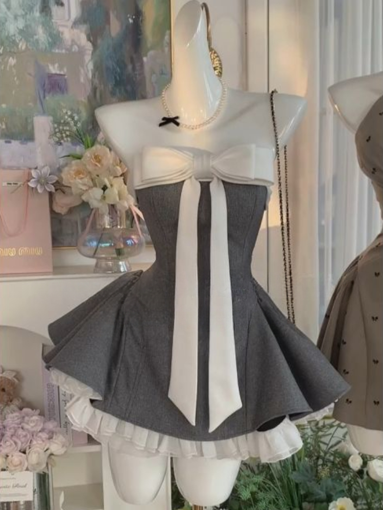 Robe d'été Vintage élégante pour femme, sans bretelles, avec nœud, Patchwork, taille haute, bouffante, Mini, Chic français, tenues Sexy, nouvelle collection 2025