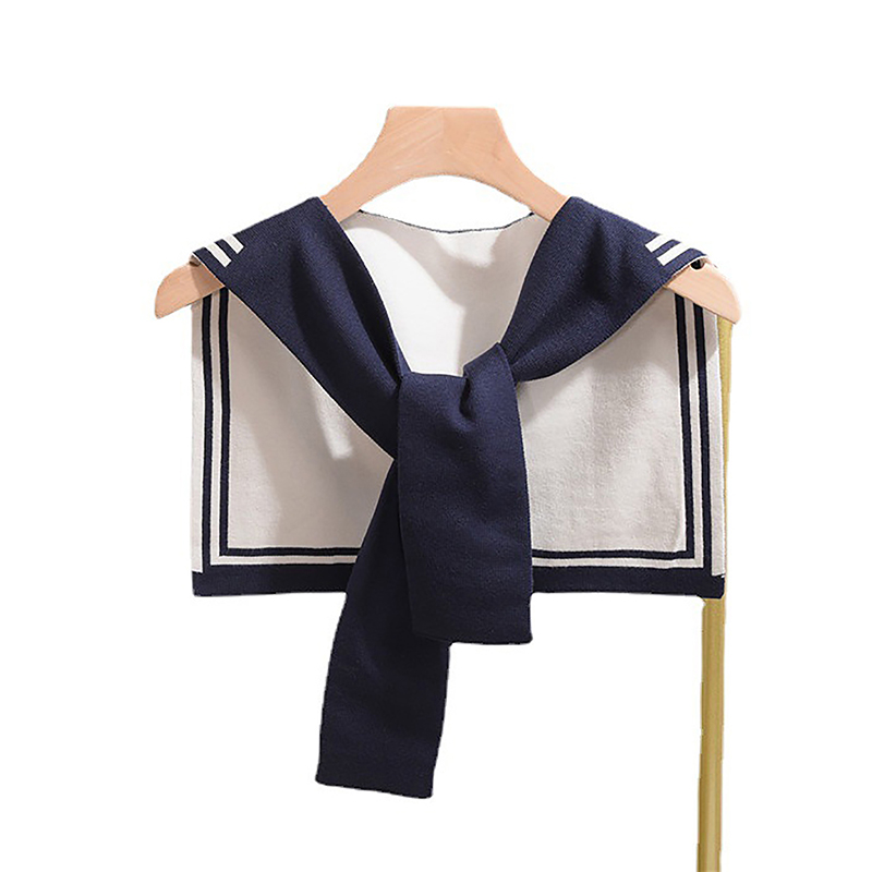 Nouvelle écharpe châle en laine tricotée à rayures marine style universitaire coréen, avec nœud, chaude, pour femme, protection du cou en climatisé, idéale pour l'été