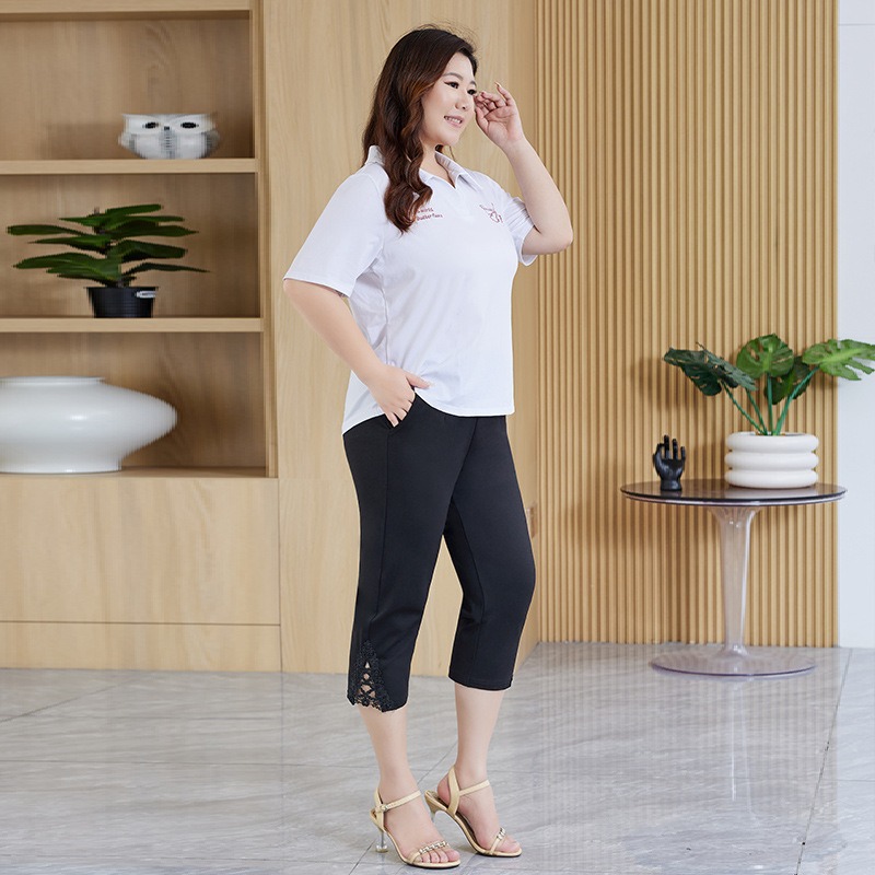 Pantalon d'été noir pour femme, grande taille 5XL 6XL, court, extensible, taille haute, respirant, 100 kg