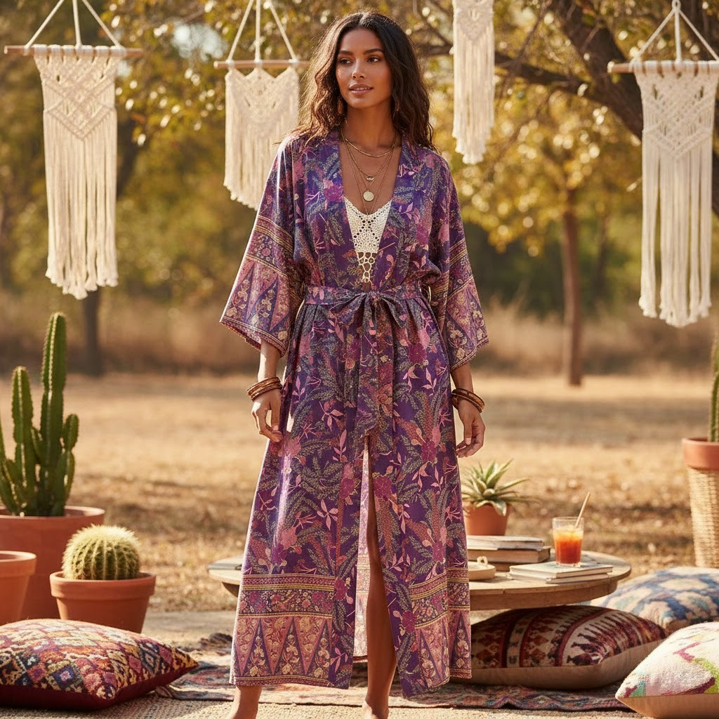Kimono Vintage Chic pour femmes, imprimé Floral, ceinture, bohème, col en V, manches chauve-souris, rayonne, Maxi Robe, Cover-up