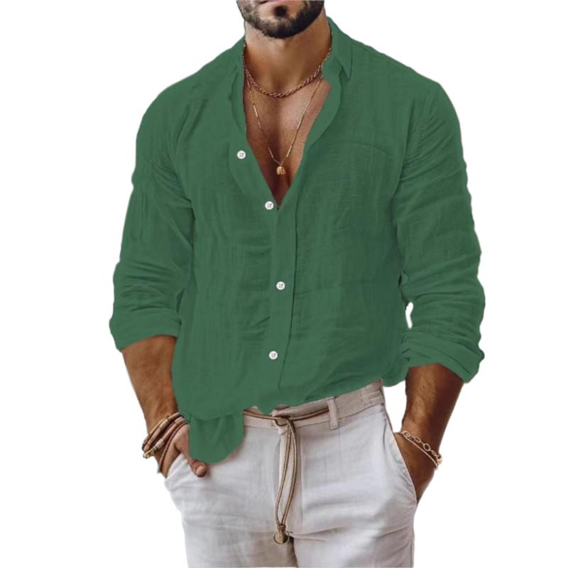 Hommes Blouse chemises été col rabattu à manches longues bouton couleur unie vêtements de plage amples lin Blouse hauts NMD-20250821001
