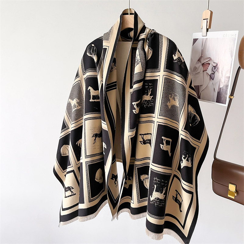 Châle Pashmina cheval en cachemire pour femmes, écharpe chaude de luxe, couverture épaisse d'hiver, Bufanda, enveloppe féminine, étoles écharpiées, 2024
