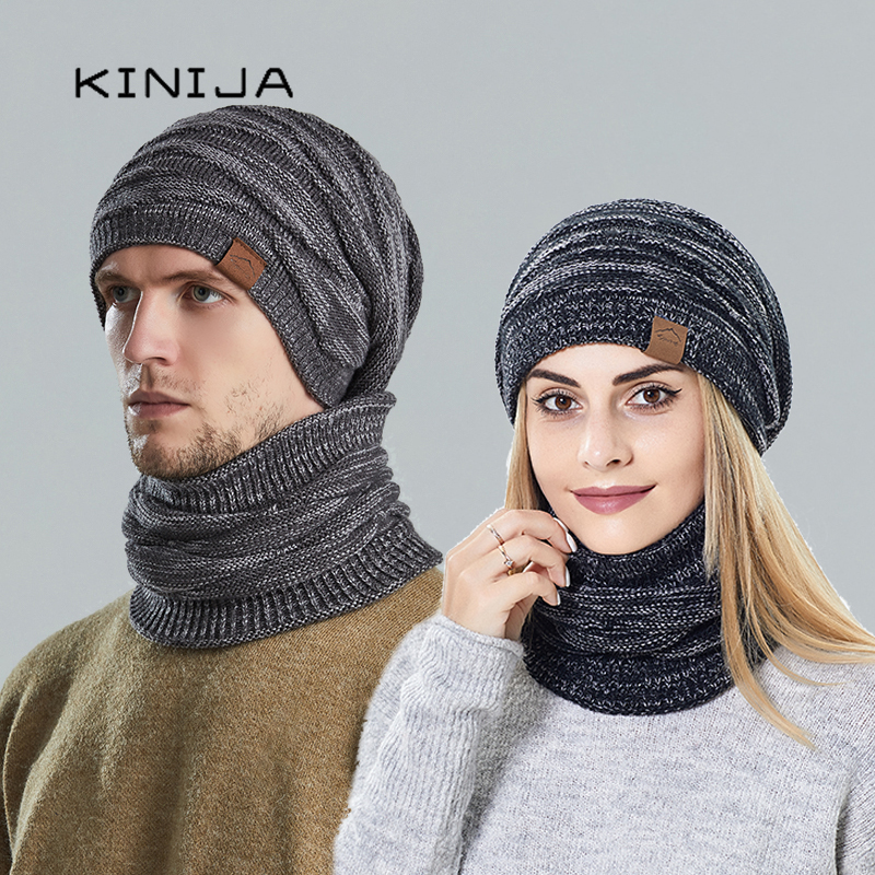 Ensemble bonnet et écharpe d'hiver pour homme et femme, bonnets en tricot pour le ski, le cyclisme, le col chaud en peluche, casquette coupe-vent, bonnets épais en laine pour femme