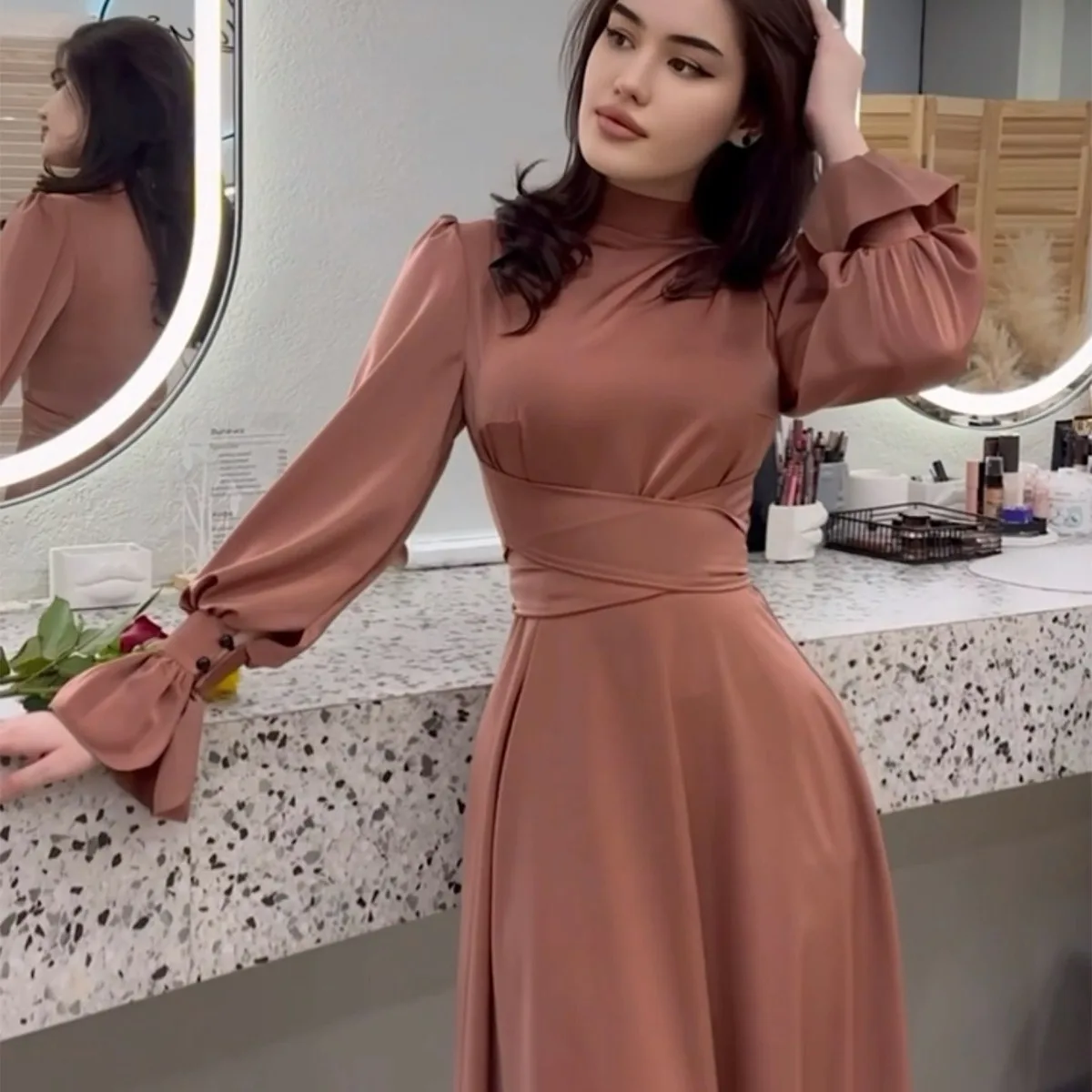 Abayas en satin à manches longues pour femmes, robe musulmane décontractée, robes de soirée minces, tempérament élégant, Dubaï, printemps