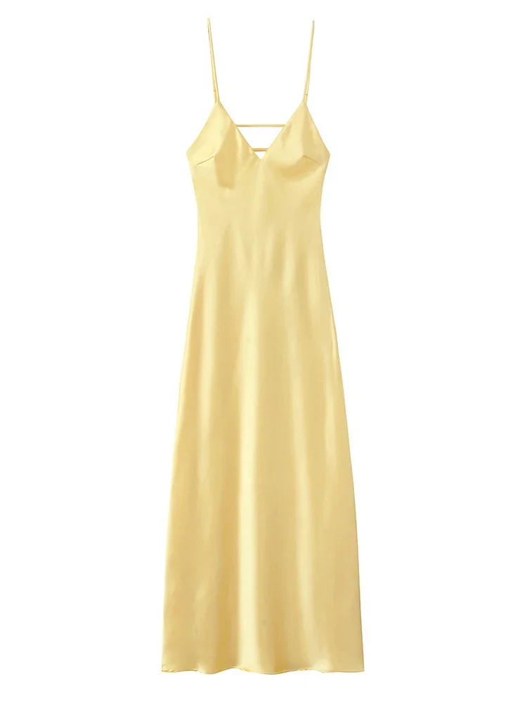Robe élégante en Satin jaune, col en V, bretelles Spaghetti, Sexy, ample, épaules dénudées, sans manches, nouvelle collection, robes de soirée, Club ﻿