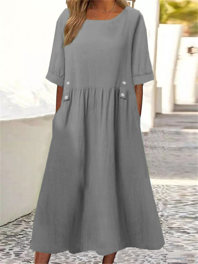 Robe Confortable en Coton et Lin pour Femme, Taille Haute, Décoration de lèvent, Décontractée, Couleur Unie, Demi Manches, Été 2024