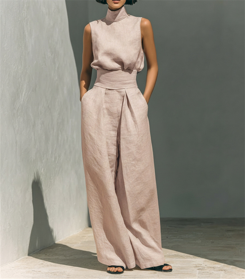 Ensemble décontracté d'été pour femme, en coton et lin, haut sans manches et pantalon large, 2 pièces, pour le bureau, collection 2026